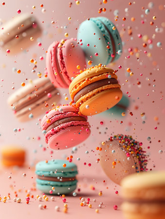 Sweet macaroons macarons with crumbs falling flying isolated on blue background. French cookies with vanilla, raspberry and strawberry. Pastry shop cardの素材