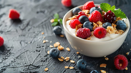 Healthy breakfast. Fresh granola, muesli with yogurt and berries on marble background. Top view. Copy space.の写真素材
