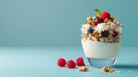 Healthy breakfast. Fresh granola, muesli with yogurt and berries on marble background. Top view. Copy space.の写真素材