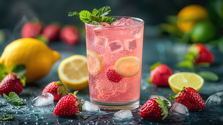 Spring or summer refreshing cold cocktail or mocktail with berries and lemon, raspberry lemonade.の素材