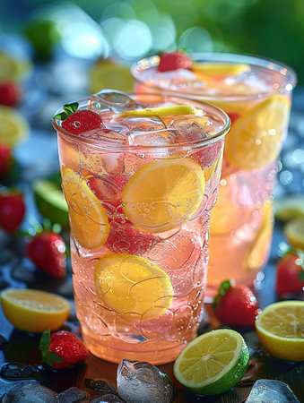 Fresh strawberry cocktail. Fresh summer cocktail with fruits and berries with ice cubes. Glass of soda drink In a jug on natural background.の写真素材