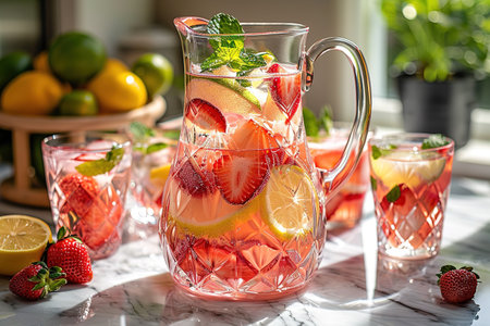 Fresh strawberry cocktail. Fresh summer cocktail with fruits and berries with ice cubes. Glass of soda drink In a jug on natural background.の写真素材