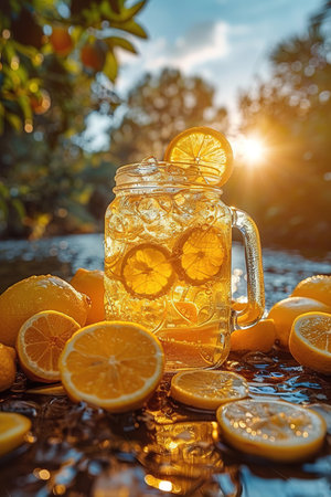 Lemonade with ice in a pitcher and glass on a wooden table with fruit and crushed ice outside with a lemon field in the background on a sunny day. Front view. Horizontal composition.の写真素材