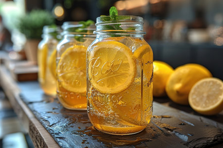 Lemonade with ice in a pitcher and glass on a wooden table with fruit and crushed ice outside with a lemon field in the background on a sunny day. Front view. Horizontal composition.の写真素材