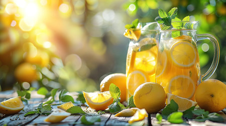 Lemonade with ice in a pitcher and glass on a wooden table with fruit and crushed ice outside with a lemon field in the background on a sunny day. Front view. Horizontal composition.の写真素材