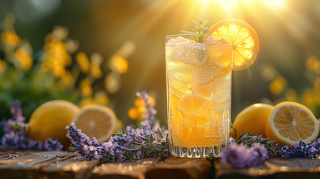 Lemonade with ice in a pitcher and glass on a wooden table with fruit and crushed ice outside with a lemon field in the background on a sunny day. Front view. Horizontal composition.の写真素材