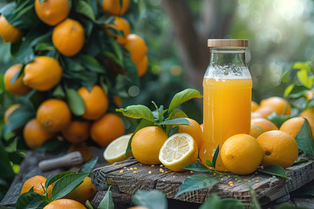Lemonade with ice in a pitcher and glass on a wooden table with fruit and crushed ice outside with a lemon field in the background on a sunny day. Front view. Horizontal composition.の写真素材