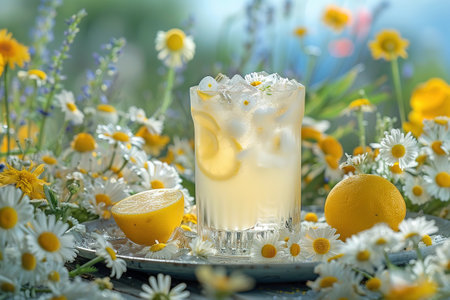 Lemonade with ice in a pitcher and glass on a wooden table with fruit and crushed ice outside with a lemon field in the background on a sunny day. Front view. Horizontal composition.の写真素材