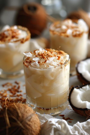 Traditional caribbean summer Pina Colada cocktail with rum, coconut milk and pineapple garnish on...