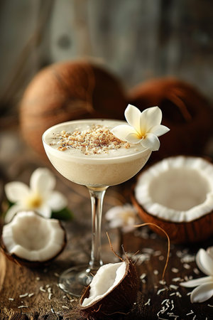 Traditional caribbean summer Pina Colada cocktail with rum, coconut milk and pineapple garnish on tropical palms backgroundの写真素材