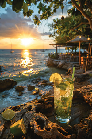 Summer drinks with blur beach on background.の写真素材