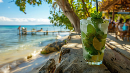 drinks with blur beach and sunset in background. Mojito cocktail with lime and mint at the tropical beach bar.の写真素材