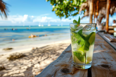 drinks with blur beach and sunset in background. Mojito cocktail with lime and mint at the tropical beach bar.の写真素材