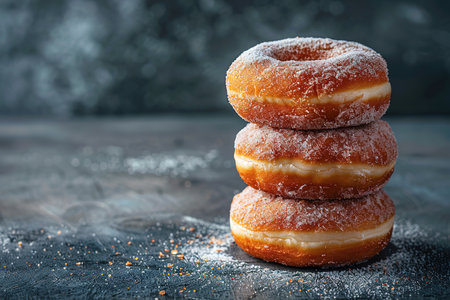 Sweet donuts with powder sugar on black background. Food concept. Copy space.の素材