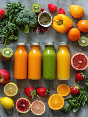 Summer colorful fruit smoothies in jars with ingredients. Healthy, detox and diet food concept.の写真素材