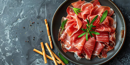 Slices of prosciutto di parma or jamon serrano (iberico) on a black plate, stone or concrete background. Top view with copy space.の素材