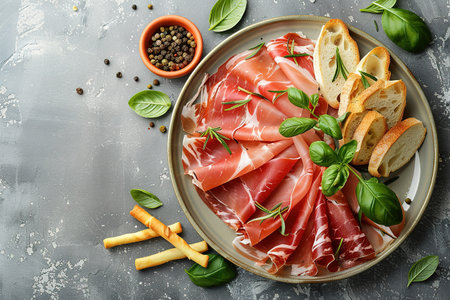 Slices of prosciutto di parma or jamon serrano (iberico) on a black plate, stone or concrete background. Top view with copy space.の素材