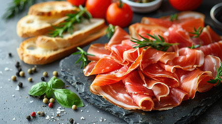 Slices of prosciutto di parma or jamon serrano (iberico) on a black plate on a dark slate, stone or concrete background. Top view with copy space.の素材
