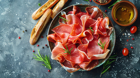 Slices of prosciutto di parma or jamon serrano (iberico) on a black plate, stone or concrete background. Top view with copy space.の素材