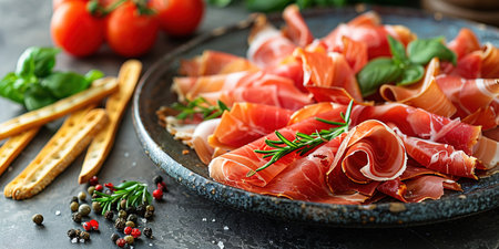 Slices of prosciutto di parma or jamon serrano (iberico) on a black plate, stone or concrete background. Top view with copy space.の素材