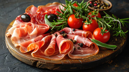 Slices of prosciutto di parma or jamon serrano (iberico) on a dark cutting board, stone or concrete background.の素材