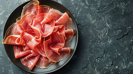 Slices of prosciutto di parma or jamon serrano (iberico) on a black plate, stone or concrete background. Top view with copy space.の素材