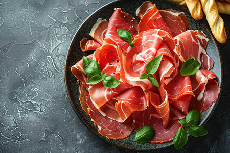 Slices of prosciutto di parma or jamon serrano (iberico) on a black plate, stone or concrete background. Top view with copy space.の素材