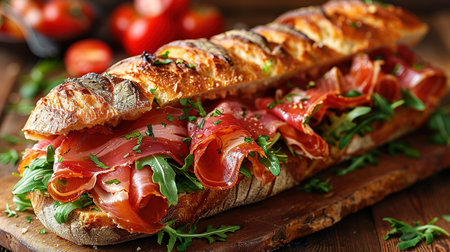 Homemade Italian Sub Sandwich with prosciutto or jamon, Tomato, and Lettuce.の写真素材