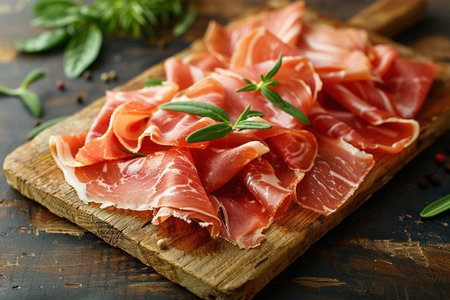 Slices of prosciutto di parma or jamon serrano (iberico) on a dark cutting board, stone or concrete background.の素材