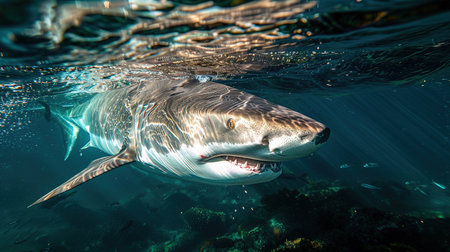 Great white shark with its main four fins swimming under sun rays in the blue Pacific Ocean.の素材