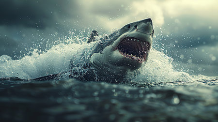 A plus four meter great white shark jumping out of the water with an open mouth full of teeth.の素材