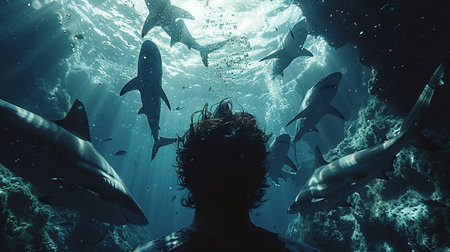 a scuba diver feed a very big tiger shark. concept of travel and diving tools. love for nature and oceans.の素材