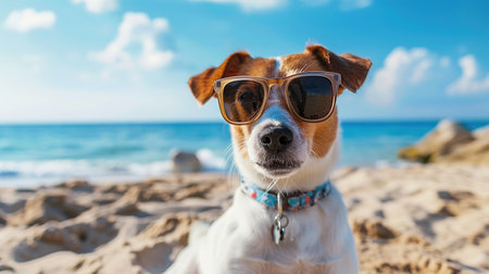 A funny dog lies on the beach by the sea wearing sunglasses. The concept of summer holidays and vacations.の写真素材