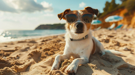 A funny dog lies on the beach by the sea wearing sunglasses. The concept of summer holidays and vacations.の写真素材