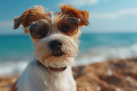 A funny dog lies on the beach by the sea wearing sunglasses. The concept of summer holidays and vacations.の写真素材