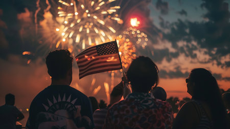 Patriotic holiday. Silhouettes of people holding the Flag of USA. America celebrate 4th of July.の写真素材