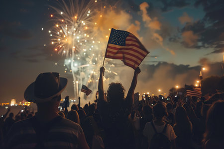 Patriotic holiday. Silhouettes of people holding the Flag of USA. America celebrate 4th of July.の写真素材