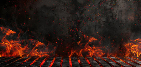 Hot empty portable barbecue BBQ grill with flaming fire and ember charcoal on black background. Waiting for the placement of your food. Close upの素材
