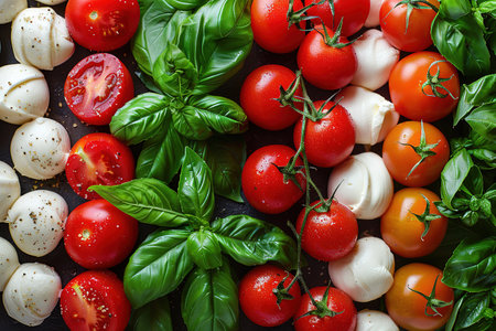 Flag of Italy made of basel leaves, mozzarella cheese, and cherry tomatoes. Flat lay. Food concept.の写真素材