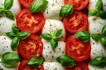 Flag of Italy made of basel leaves, mozzarella cheese, and cherry tomatoes. Flat lay. Food concept.の写真素材