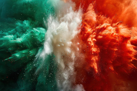 Powder explosion in the colors of the Italian National flag, Italy colors.の写真素材