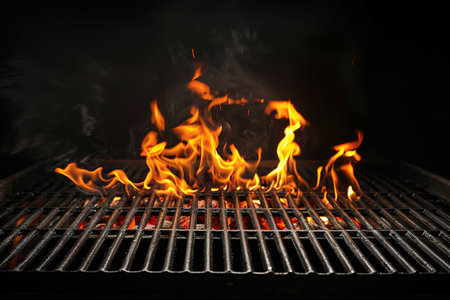 Hot empty portable barbecue BBQ grill with flaming fire and ember charcoal on black background. Waiting for the placement of your food. Close upの素材