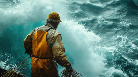 A male fisherman on a fishing boat during a storm. Focused bearded brutal male fisher with net during traditional fishing.の素材