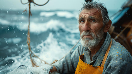 A male fisherman on a fishing boat during a storm. Focused bearded brutal male fisher with net during traditional fishing.の素材