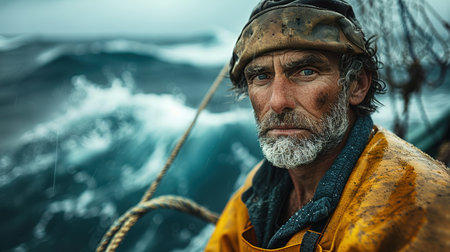 A male fisherman on a fishing boat during a storm. Focused bearded brutal male fisher with net during traditional fishing.の素材
