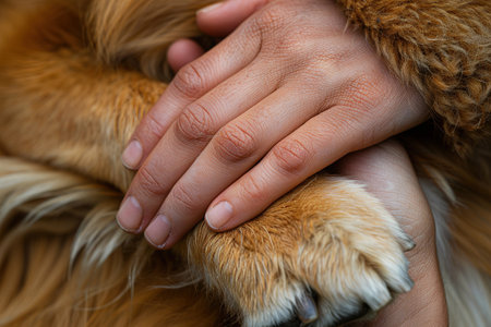Dog paws and human hand close up, top view. Conceptual image of friendship, trust, love, the help between the person and a dogの写真素材