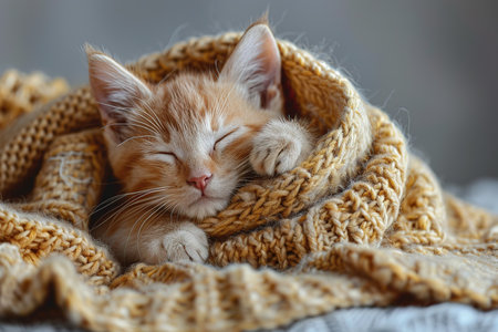 Cute tabby kitten sleeping on white soft blanket. Cats rest napping on bed. Comfortable pets sleep at cozy homeの素材