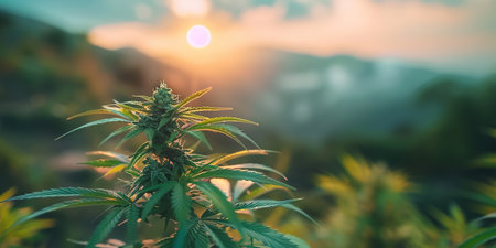 Cannabis or marijuana outdoors plantation growing on the mountains. Wide angle.の素材