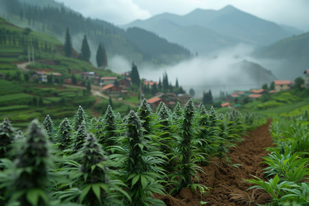 Cannabis or marijuana outdoors plantation growing on the mountains. Wide angle.の素材
