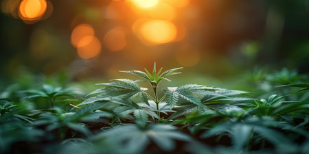 Cannabis or marijuana outdoors plantation growing on the mountains. Wide angle.の素材